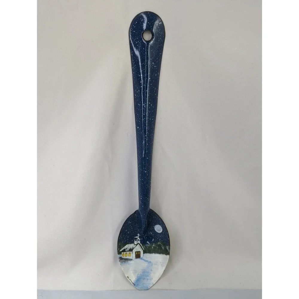 Metal Blue Spoon Painted Winter Scene 12 Inch Bill McDonald‎